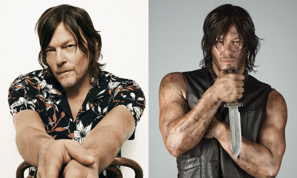 Montagem com foto de ensaio fotográfico de Norman Reedus e imagem promocional de Daryl Dixon em The Walking Dead.