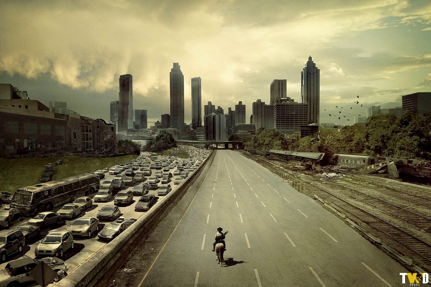 Pôster da 1ª temporada de The Walking Dead mostrando Rick Grimes entrando em Atlanta montado em seu cavalo