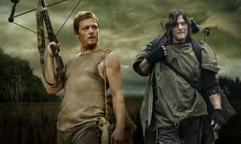 Montagem com fotos de Daryl Dixon na 1ª temporada e na 11ª temporada de The Walking Dead.