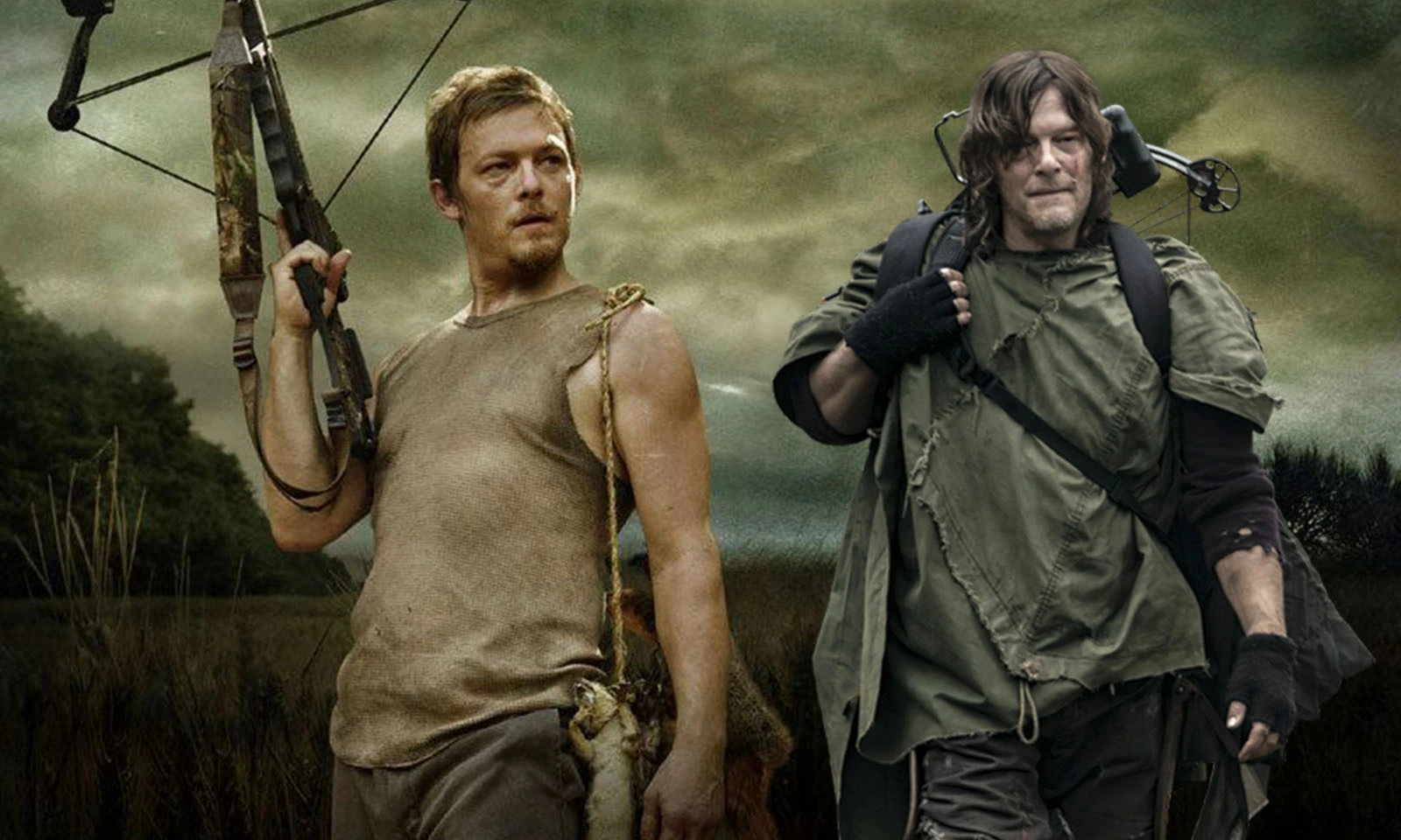 Montagem com fotos de Daryl Dixon na 1ª temporada e na 11ª temporada de The Walking Dead.