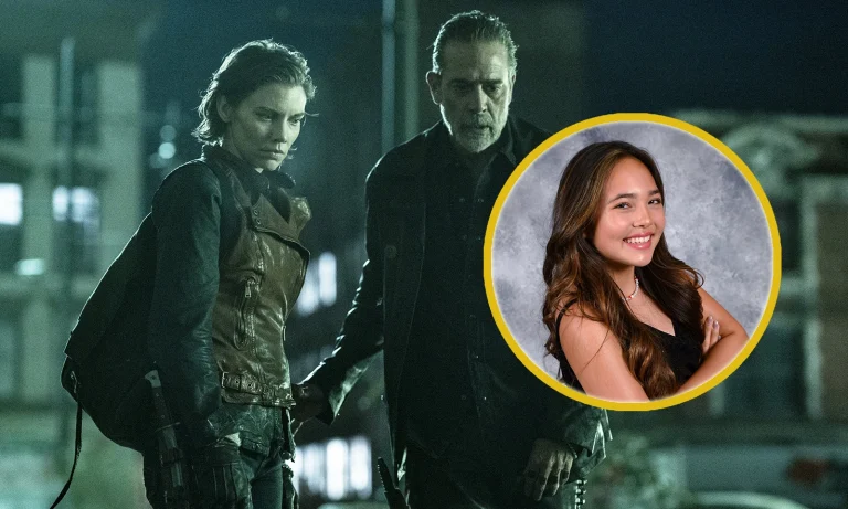 Montagem com imagem de Maggie e Negan em The Walking Dead: Dead City e foto da atriz Mahina Napoleon.