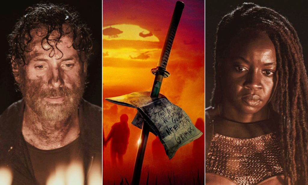 Montagem com fotos de Rick e Michonne no episódio final de The Walking Dead e pôster promocional da série spin-off.