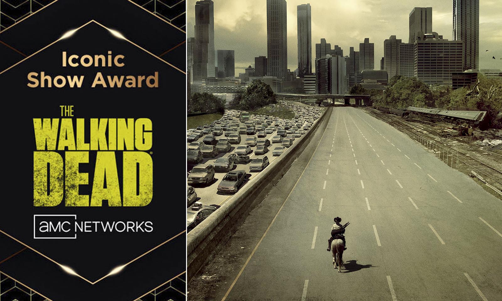 Montagem com arte de The Walking Dead como Iconic Show do Broadcasting + Cable Hall of Fame e pôster da 1ª temporada.