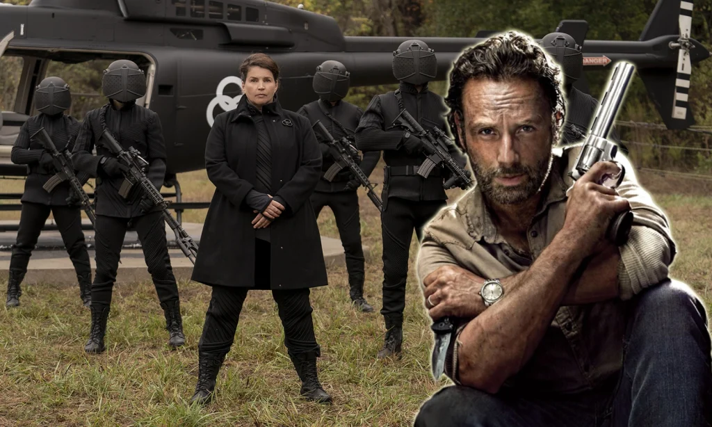 Montagem com os soldados da CRM em The Walking Dead: World Beyond e imagem de Rick Grimes com arma.