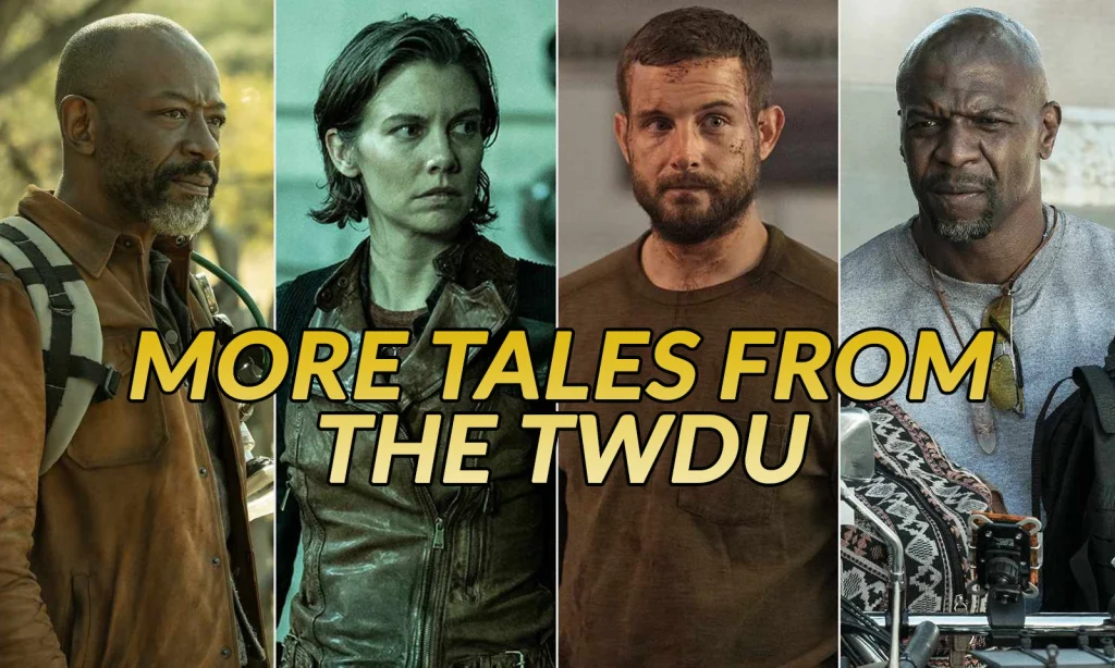 Montagem com Morgan, Maggie, Felix e Joe do Universo The Walking Dead para ilustrar matéria de More Tales from the TWDU.