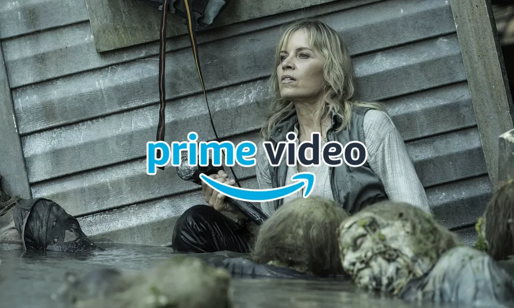 Montagem com Madison em cena do episódio 1 da 8ª temporada de Fear the Walking Dead e logo do Prime Video.