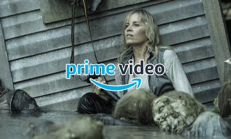 Montagem com Madison em cena do episódio 1 da 8ª temporada de Fear the Walking Dead e logo do Prime Video.