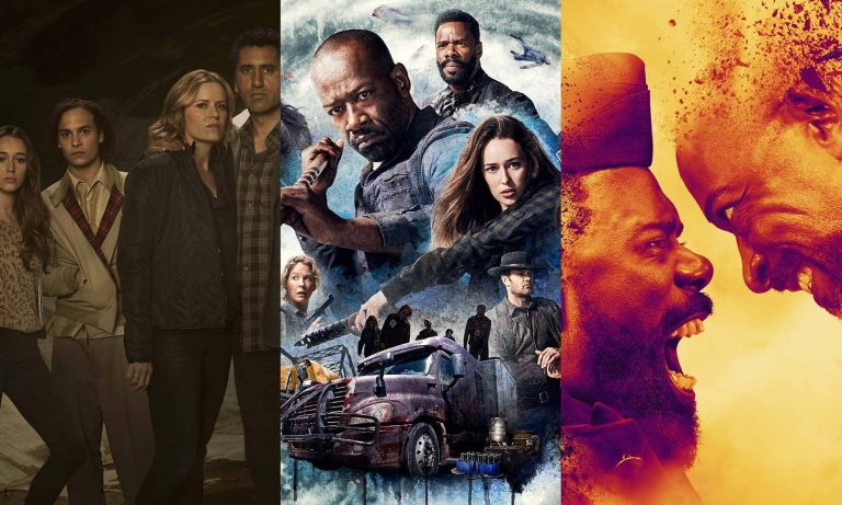 Montagem com os pôsteres das temporadas 1, 4 e 7 de Fear the Walking Dead.