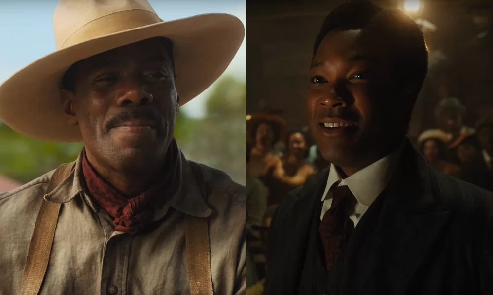 Montagem com cenas de Colman Domingo e Corey Hawkins no filme-musical The Color Purple (A Cor Púrpura).