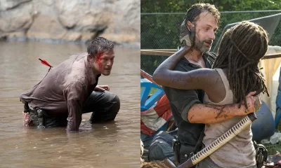 Montagem com Daryl machucado em cena do episódio Chupacabra da 2ª temporada de The Walking Dead e Rick e Michonne abraçados em cena do episódio Say Yes da 7ª temporada de The Walking Dead.