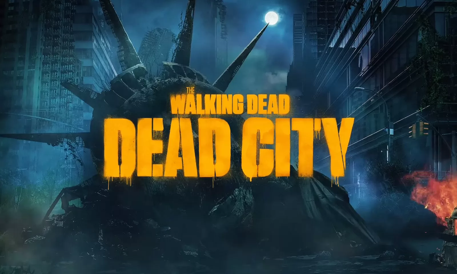 Estátua da Liberdade zumbificada e destruída com logo de The Walking Dead: Dead City.