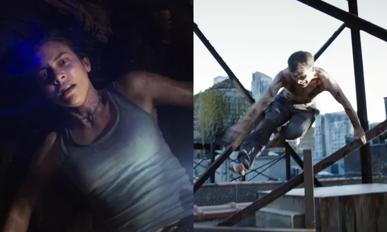 Montagem com Maggie no chão e assustada e um zumbi variante em cenas da 1ª temporada de The Walking Dead: Dead City.