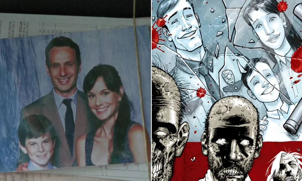 Montagem com foto de Rick, Carl e Lori na 1ª temporada de The Walking Dead e capa do Volume 1 dos quadrinhos.