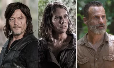 Montagem com fotos de Daryl, Maggie e Rick em cenas de The Walking Dead.