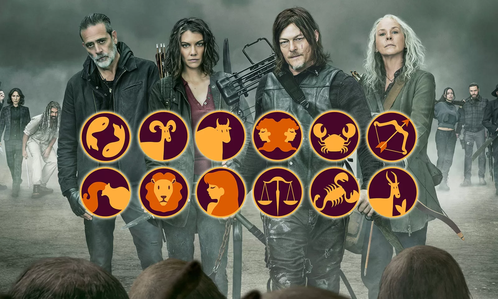 Montagem com arte oficial dos personagens da 11ª temporada de The Walking Dead e arte ilustrada de signos.