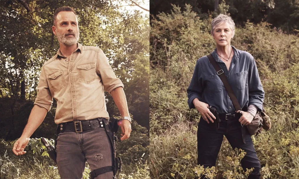 Montagem com artes promocionais dos personagens Rick e Carol na 9ª temporada de The Walking Dead.