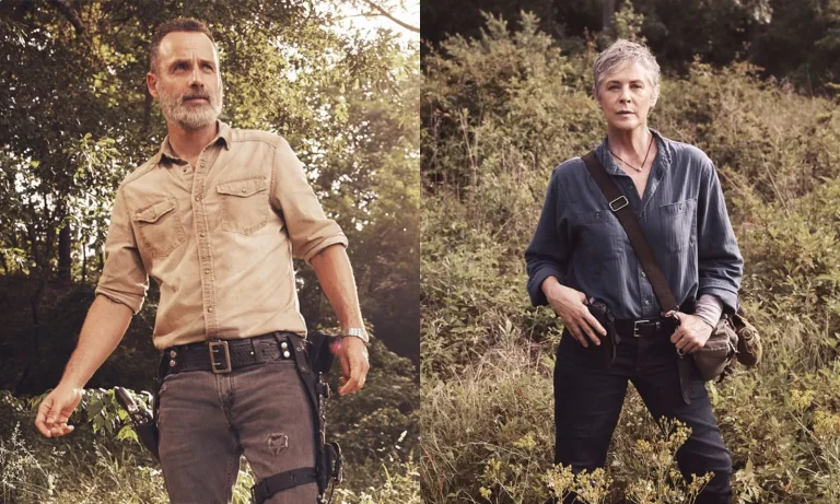 Montagem com artes promocionais dos personagens Rick e Carol na 9ª temporada de The Walking Dead.