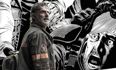Montagem com imagem de Rick em cena da última temporada de The Walking Dead e Rick perdendo a mão na edição 28 da HQ.