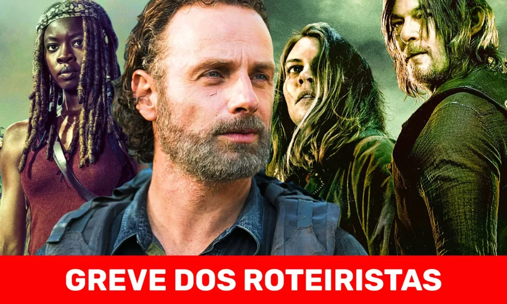 Montagem com imagens de Michonne, Rick, Maggie e Daryl em The Walking Dead para ilustrar matéria sobre a greve dos roteiristas.