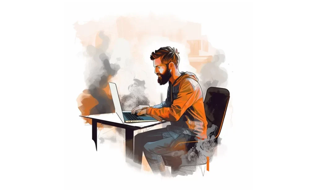 Arte de homem sentado em uma cadeira utilizando um notebook na mesa para ilustrar artigo de logotipo.