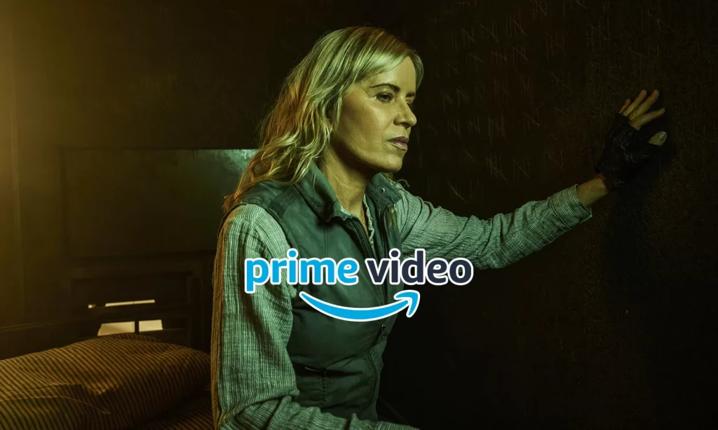 Portrait oficial de Madison na 8ª e última temporada de Fear the Walking Dead com logo do Prime Video.