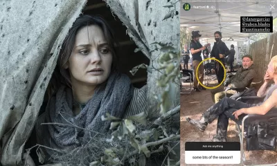 Montagem com imagem de Sherry na 8ª temporada de Fear the Walking Dead e print do Instagram com foto dos bastidores com spoiler.