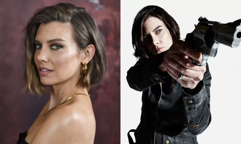 Montagem com fotos de Lauren Cohan em ensaio fotográfico e Maggie na 8ª temporada de The Walking Dead.
