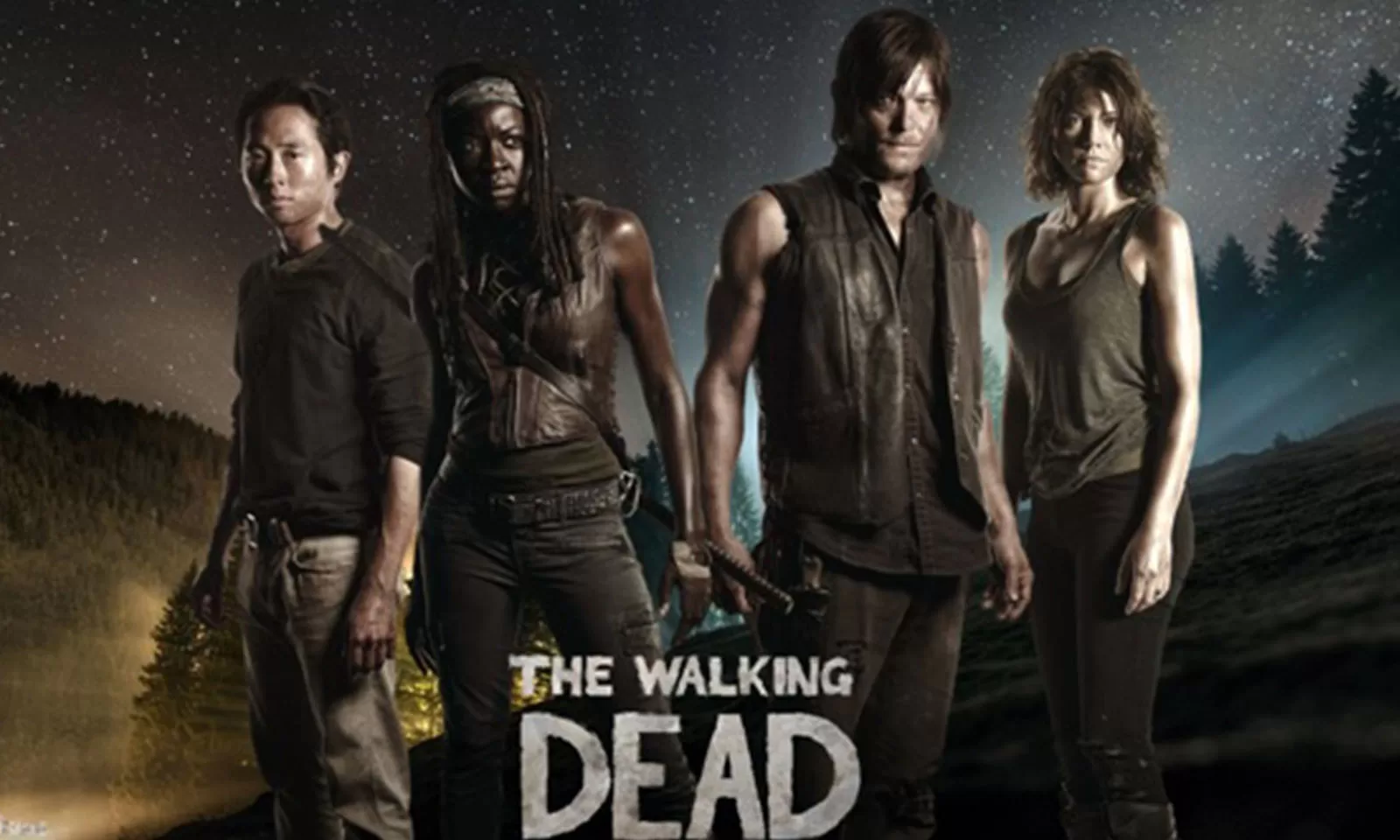 Montagem com Glenn, Michonne, Daryl e Maggie com logo de The Walking Dead.