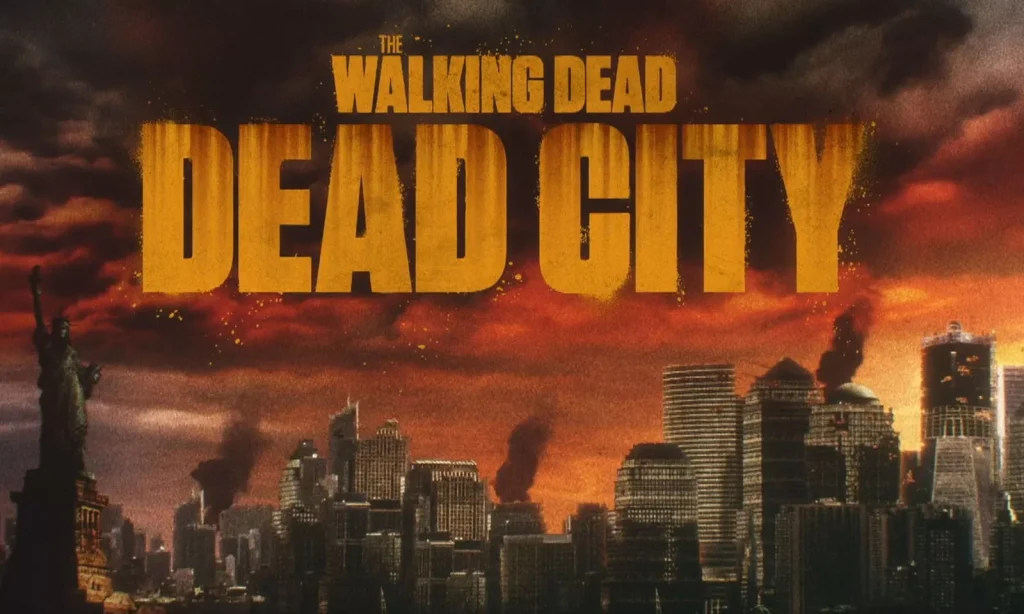 Frame da abertura de The Walking Dead: Dead City com a logo da série.