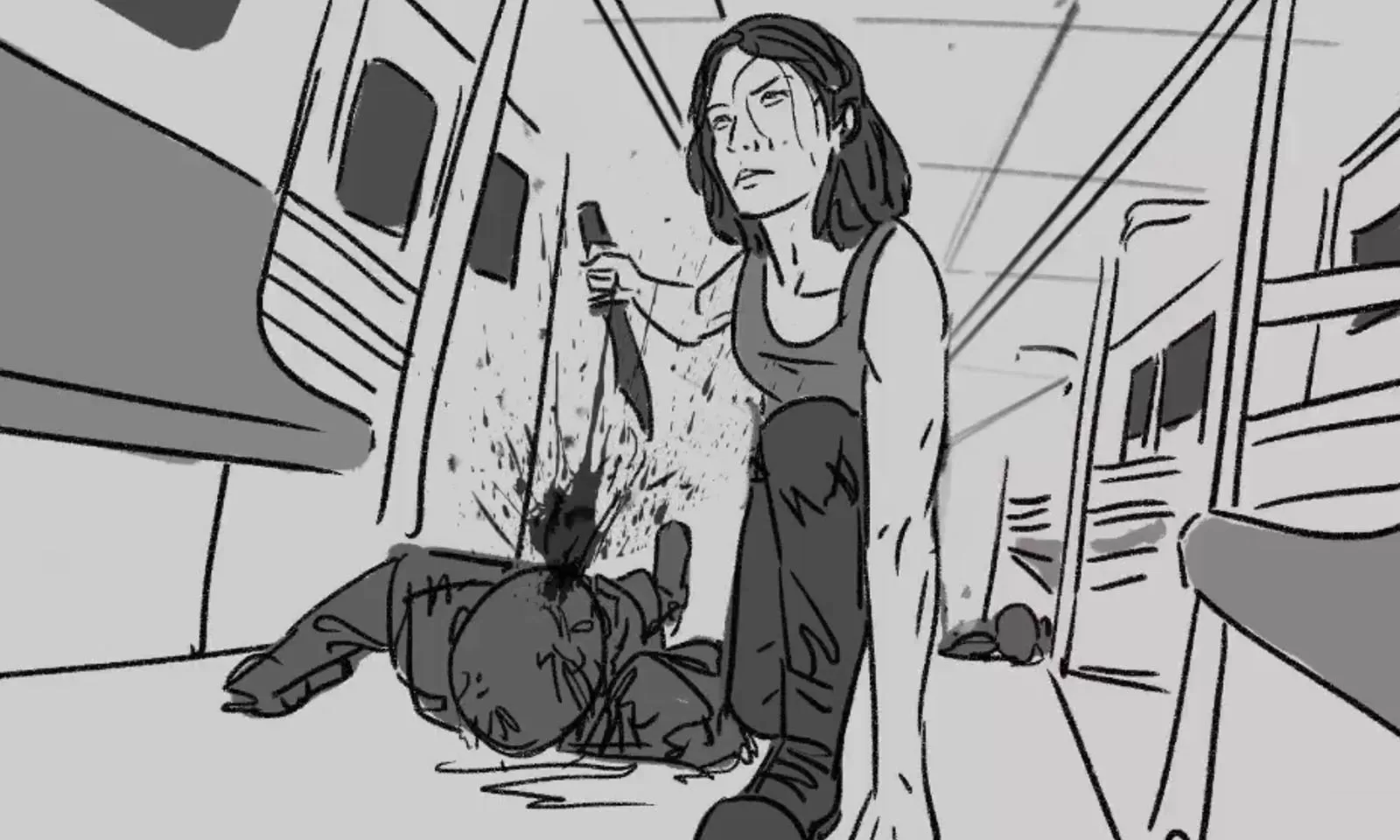 Storyboard de Maggie no metrô de New York matando um zumbi em The Walking Dead: Dead City.