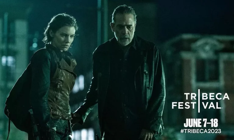 Imagem de Maggie e Negan na 1ª temporada de The Walking Dead: Dead City e logo do Tribeca Film Festival.