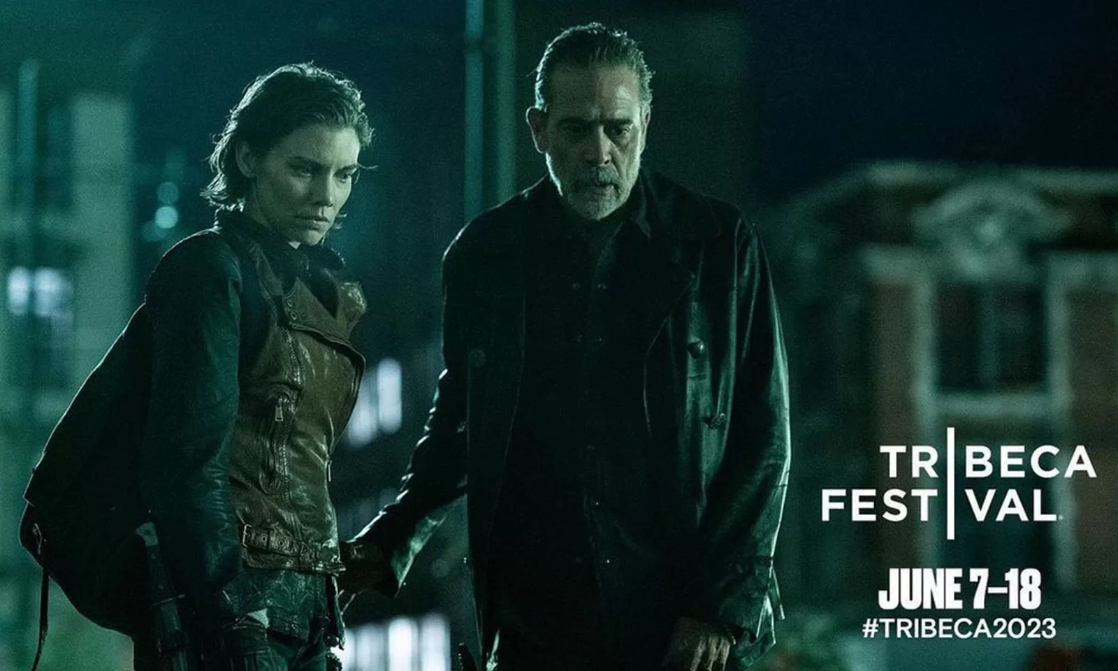 Imagem de Maggie e Negan na 1ª temporada de The Walking Dead: Dead City e logo do Tribeca Film Festival.