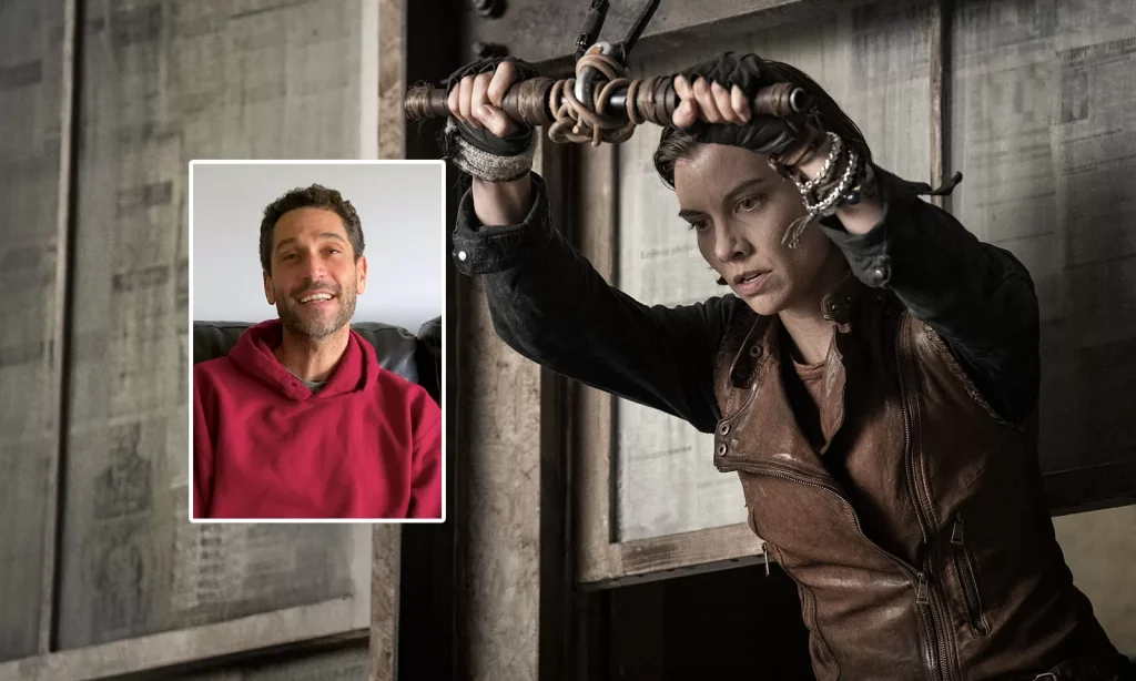 Montagem com foto de Eli Jorné e imagem de Maggie na tirolesa no Episódio 2 da 1ª temporada de The Walking Dead: Dead City.