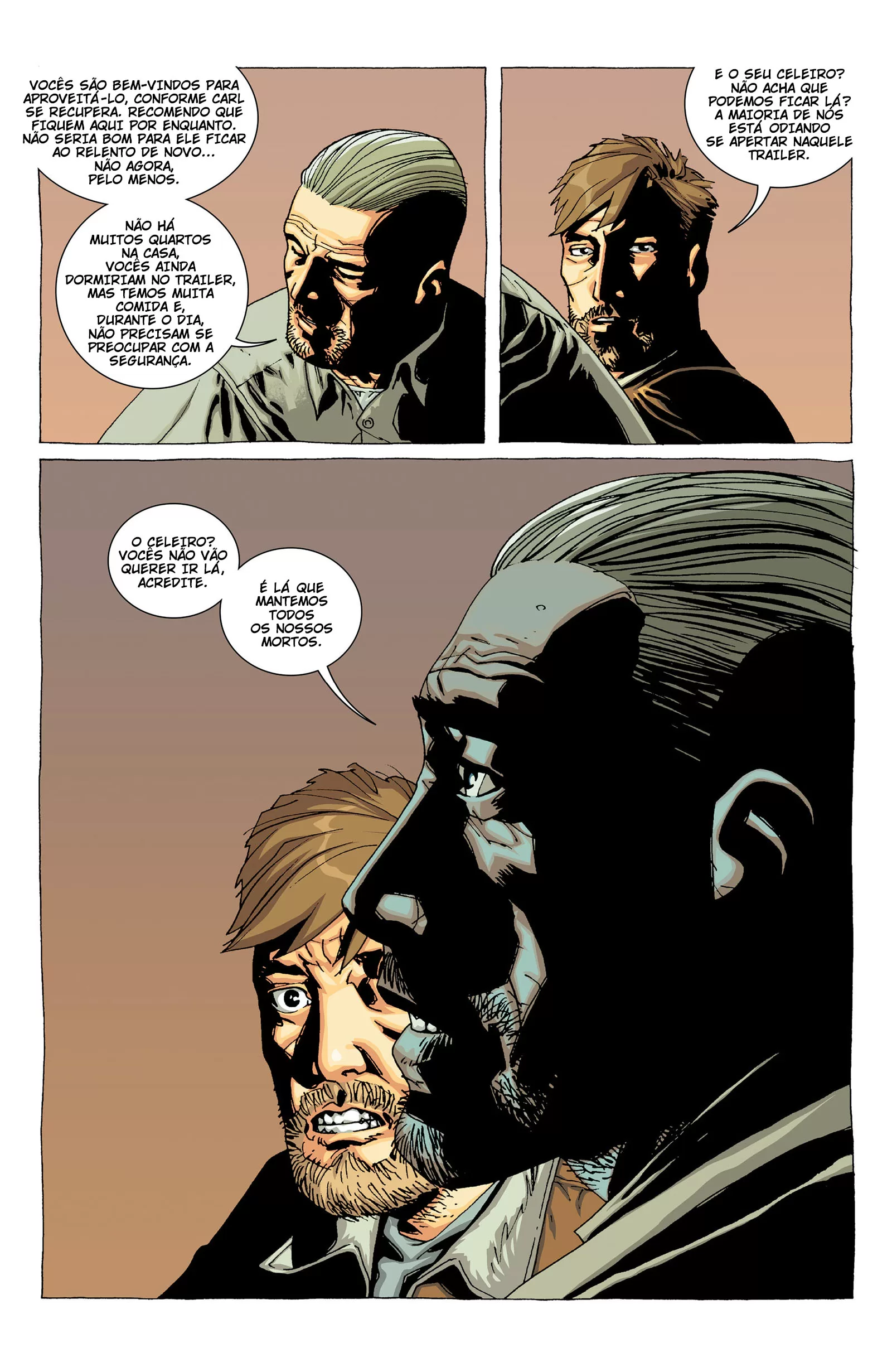 Rick conversando com Hershel sobre o celeiro na edição 10 da The Walking Dead Deluxe.