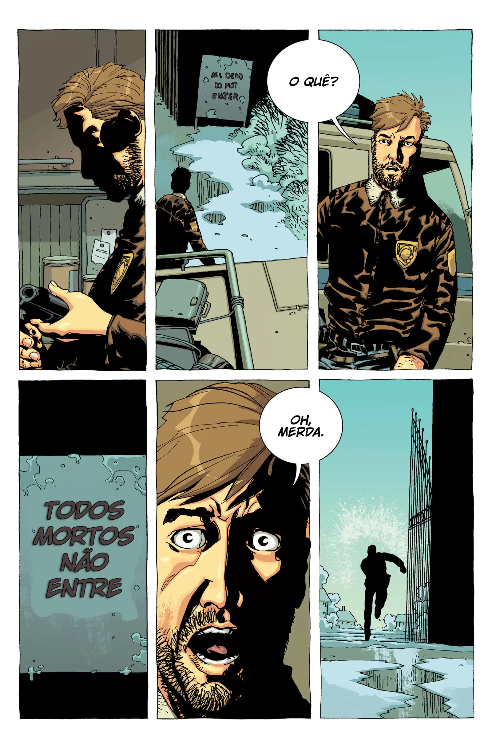 Cena de Rick descobrindo a placa "todos mortos, não entre" revelando que tem zumbis em Wilshire Estates na edição 9 da The Walking Dead Deluxe.