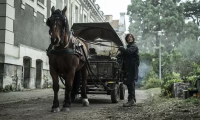 Daryl arrumando um cavalo e olhando para algo ou alguém em cena de The Walking Dead: Daryl Dixon.