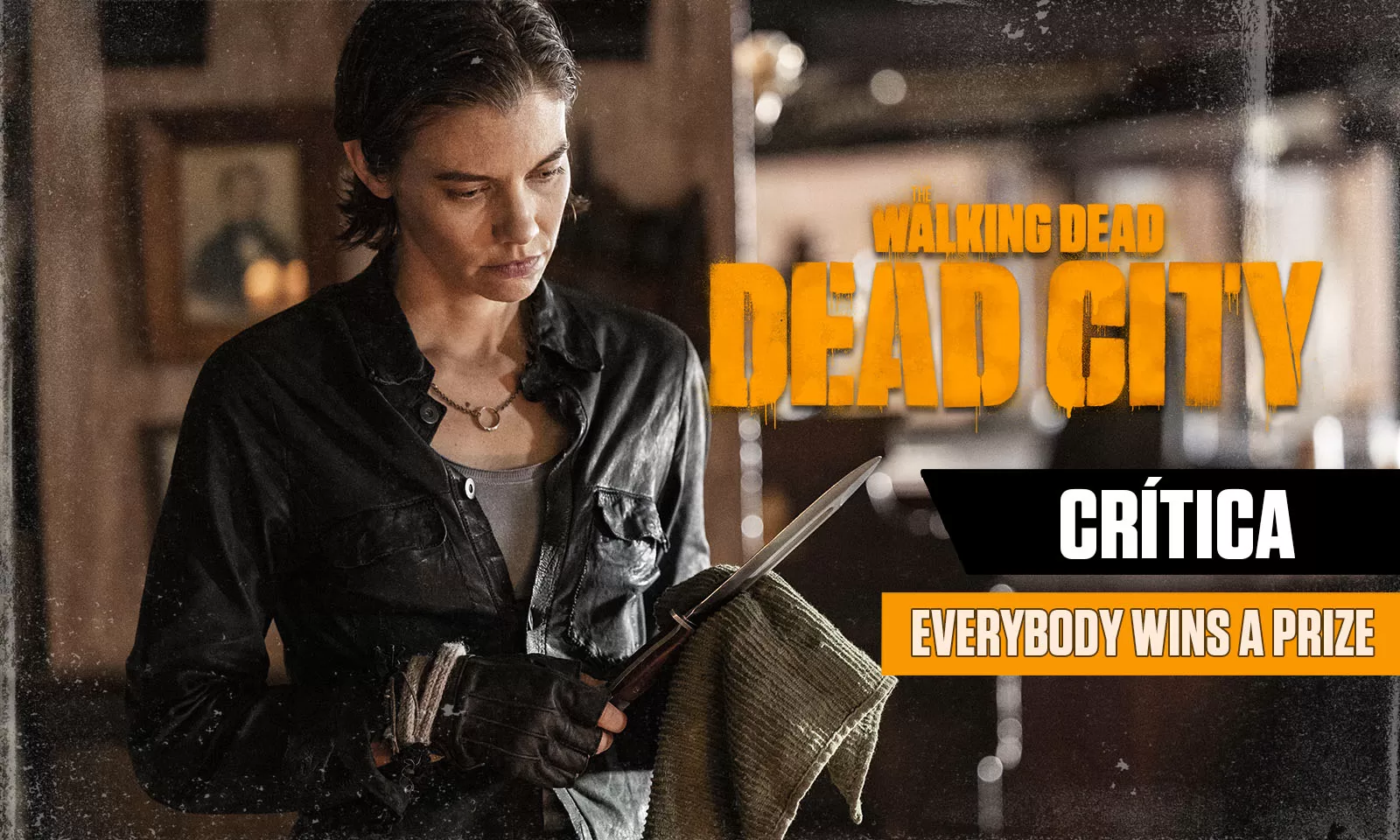 Maggie pensativa limpando sua faca em arte da crítica do episódio 4 da 1ª temporada de The Walking Dead: Dead City.