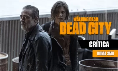Negan e Maggie olhando para cima com olhares desconfiados em arte da crítica do episódio 6 da 1ª temporada de The Walking Dead: Dead City.