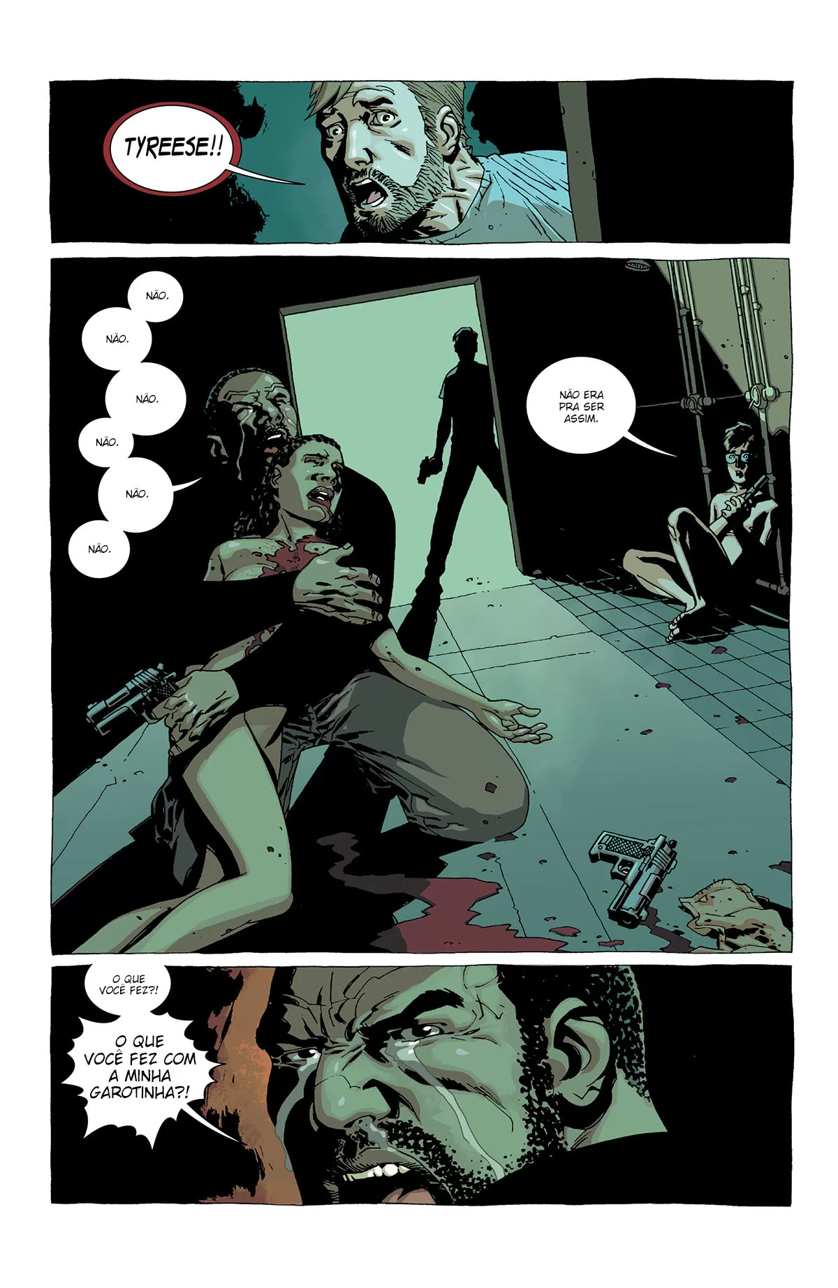 Tyreese desesperado e chorando segurando sua filha morta na edição 14 da The Walking Dead Deluxe.