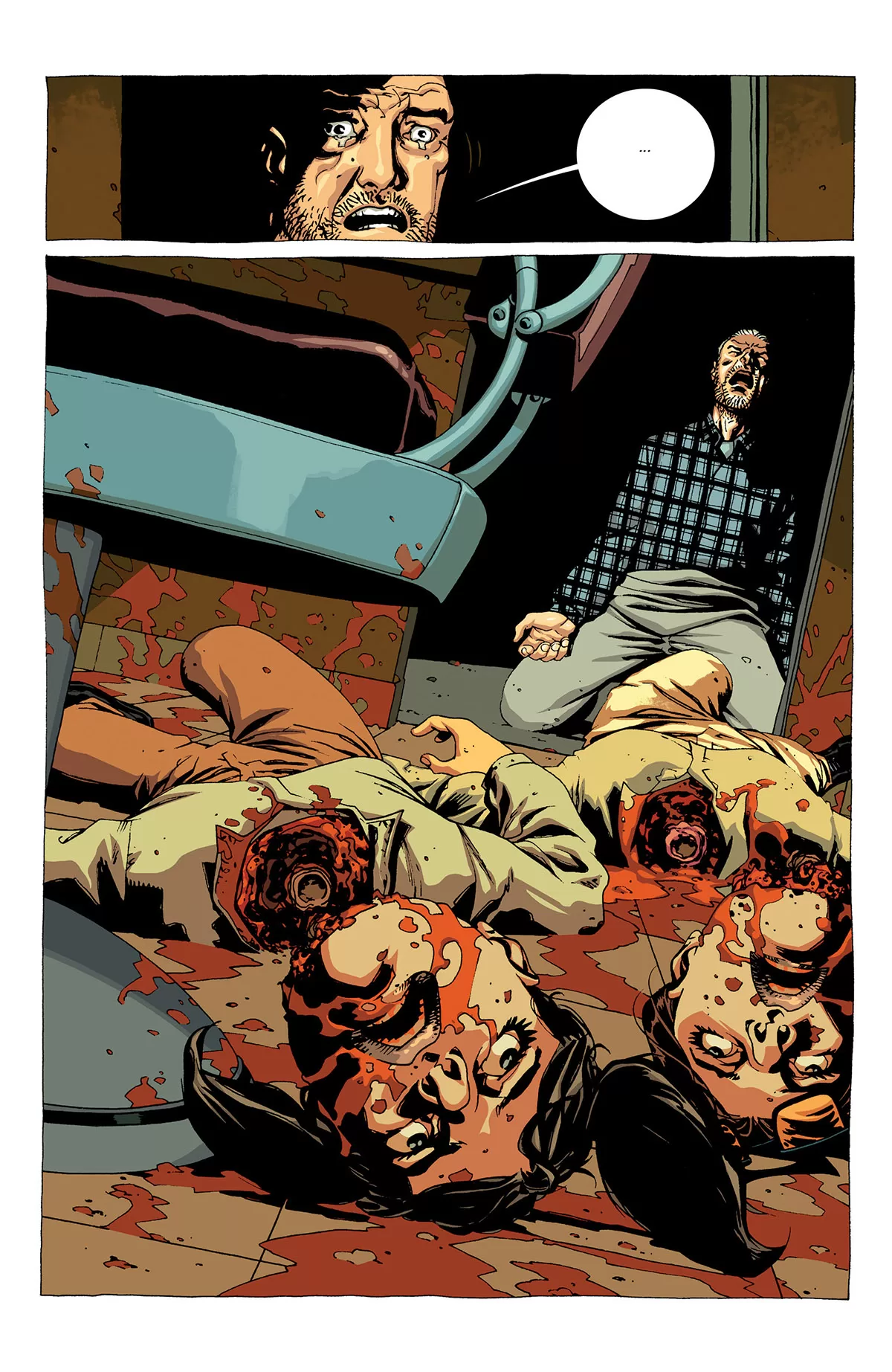 Hershel desesperado encontrando os corpos de Rachel e Susie na edição 15 da The Walking Dead Deluxe.