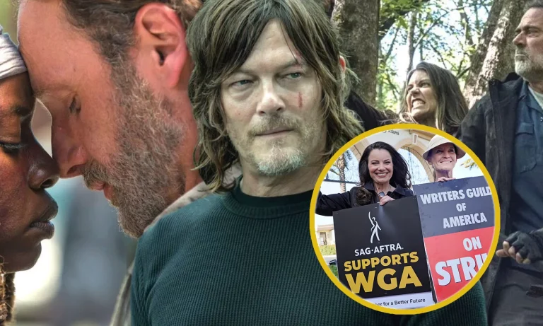 Montagem com imagens de Michonne, Rick, Daryl, Maggie e Negan com protestantes da greve dos roteiristas e atores.