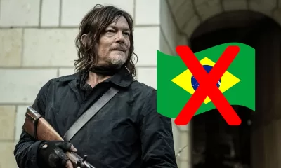 Montagem com imagem de Daryl em episódio de The Walking Dead: Daryl Dixon e bandeira do Brasil com um x vermelho.