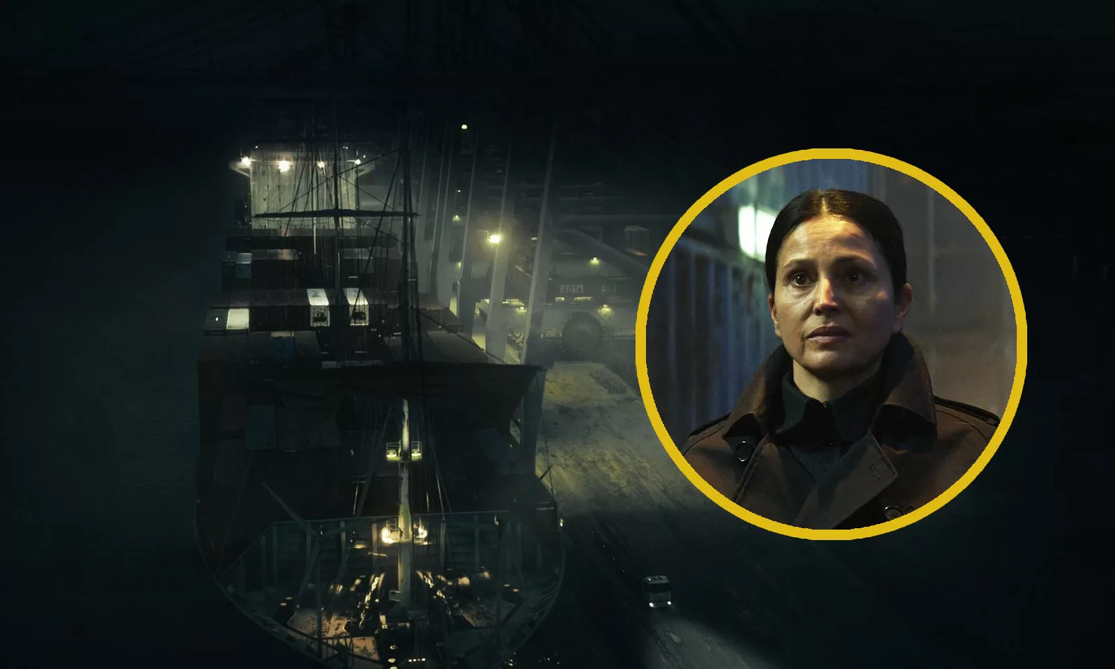 Montagem com imagem do navio no norte da França e foto de Genet em cena final do Episódio 1 de The Walking Dead: Daryl Dixon.
