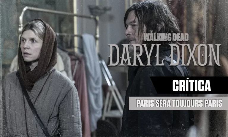 Daryl e Isabelle olhando para algo ou alguém em arte da crítica do episódio 3 da 1ª temporada de The Walking Dead: Daryl Dixon.
