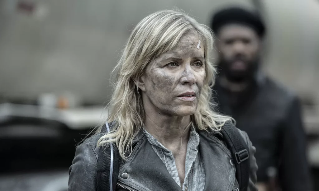 Madison suja com Victor Strand ao fundo em cena do Episódio 8 da 8ª temporada de Fear the Walking Dead.