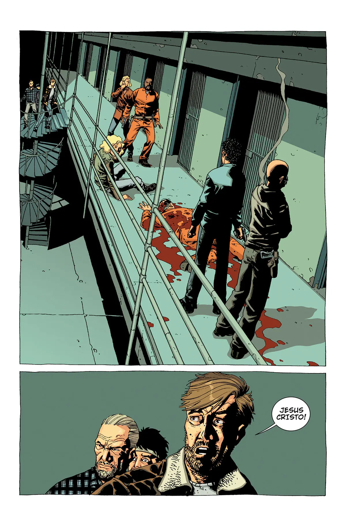 Rick encontrando Thomas morto no chão da prisão após Maggie ter atirado nele na edição 18 da The Walking Dead Deluxe.