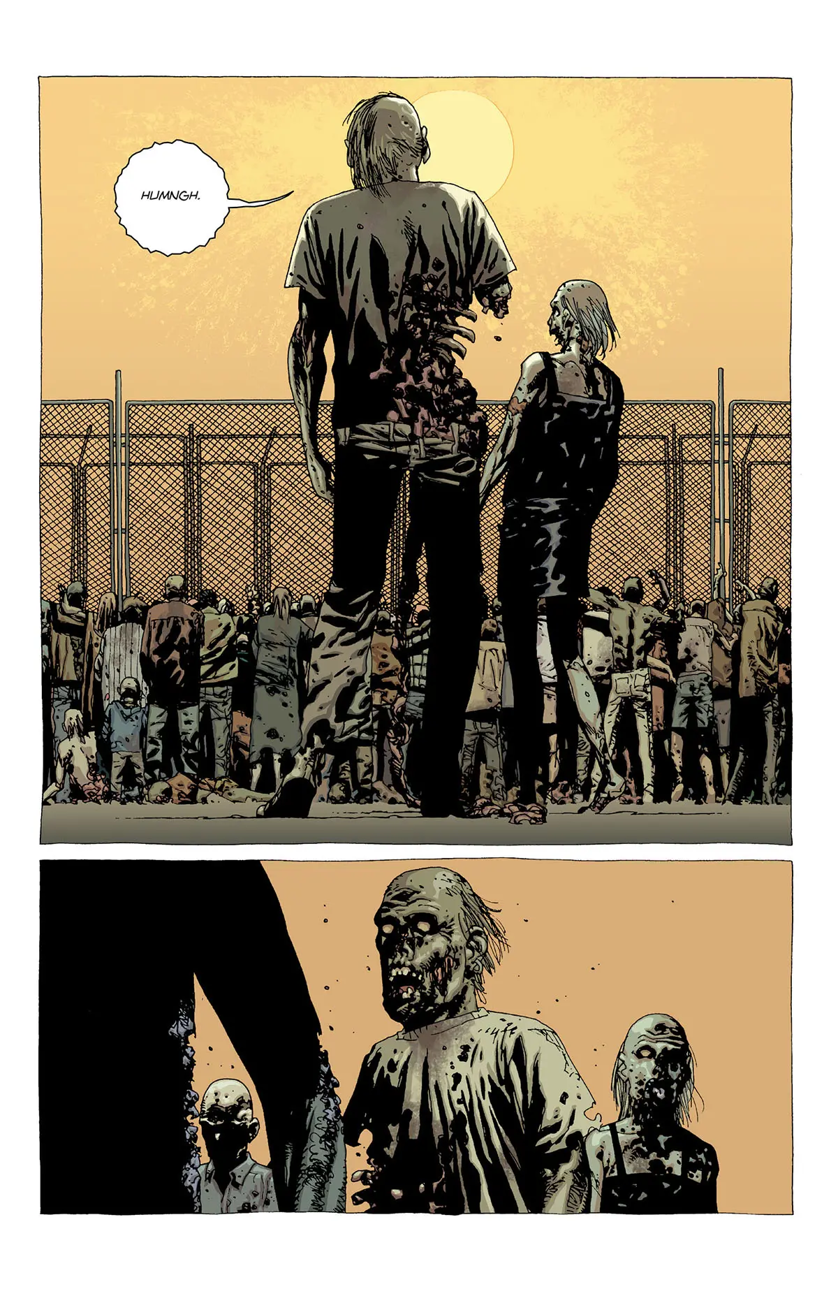 Walkers aglomerando na cerca de segurança da prisão na edição 20 da The Walking Dead Deluxe.
