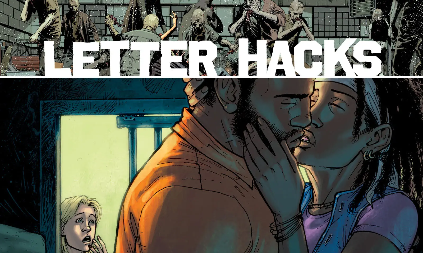 Arte com imagem da capa da The Walking Dead Deluxe 22 para o Letter Hacks.