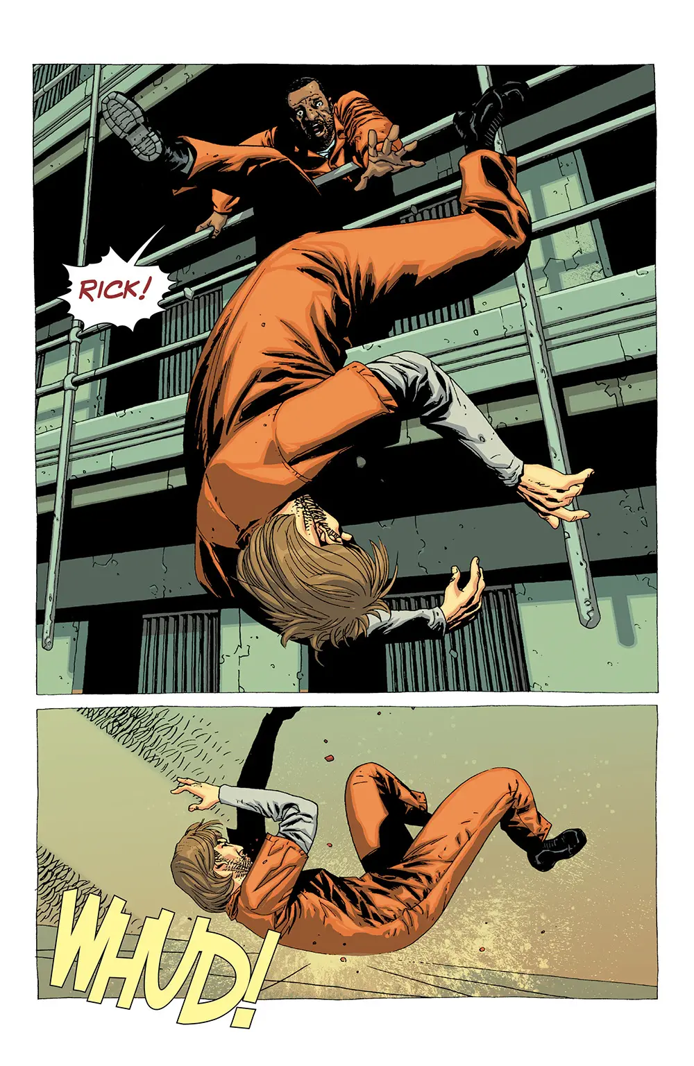 Rick caindo enquanto Tyreese fica desesperado achando que pode ter o matado na edição 23 da The Walking Dead Deluxe.