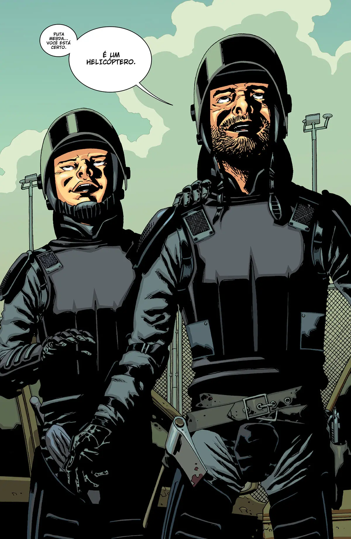 Rick e Glenn surpresos vendo um helicóptero na edição 25 da The Walking Dead Deluxe.